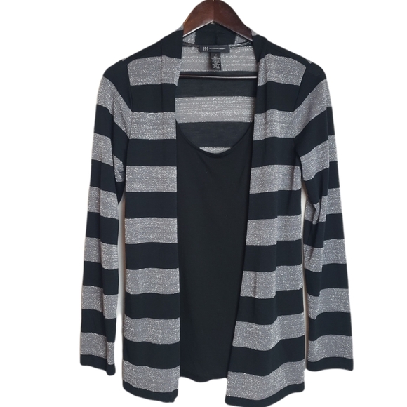NWOT INC Black Stripe Sweater Cardigan 2 In 1 Women’s Size M - Picture 1 of 10